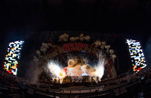Perform on stage during their 'Rock or Bust' World Tour at Ford Field on September 8, 2015 in Detroit, Michigan.