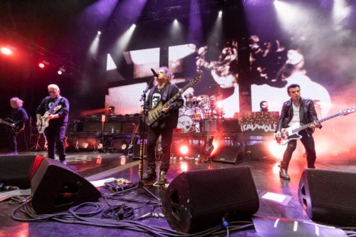 Perry Bamonte, Reeves Gabrels, Robert Smith, Jason Cooper, Simon Gallup and Roger O'Donnell of The Cure performs at Pine Knob Music Theatre on June...