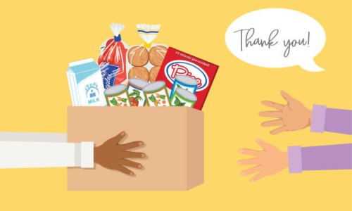 person giving a box of food to another person. food bank concept in flat colors - food stock illustrations