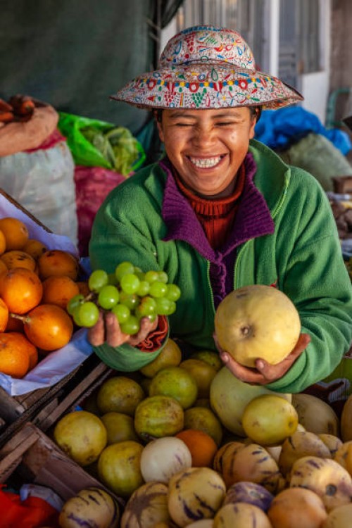 peruvian woman selling fruits in her shop, chivay, peru - food stock pictures, royalty-free photos & images