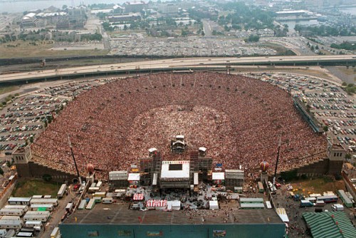 Philadelphia, Pennsylvania-The Live Aid Concert at JFK Stadium. An aerial view displays the packed stadium in its entirety.