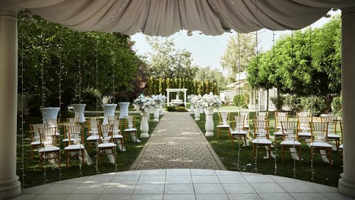 photo of beautiful backyard wedding act decorations. - garden decoration stock pictures, royalty-free photos & images