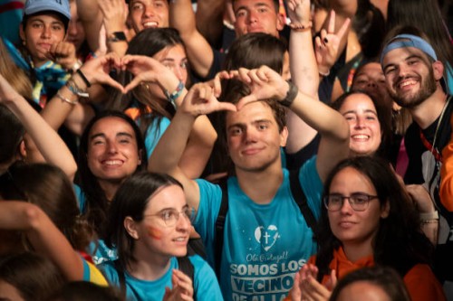 Pilgrims gather at Estoril Casino Gardens to celebrate with a rock concert on the eve of JMJ-WYD on July 31, 2023 in Estoril, Portugal. Lisbon hosts...