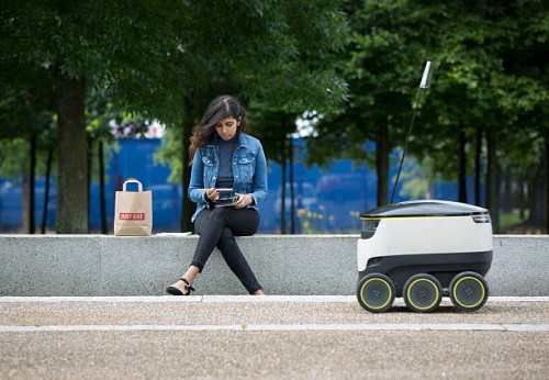 Pilots a Starship robot to deliver food from its takeaway restaurants on July 5, 2016 in London, England.