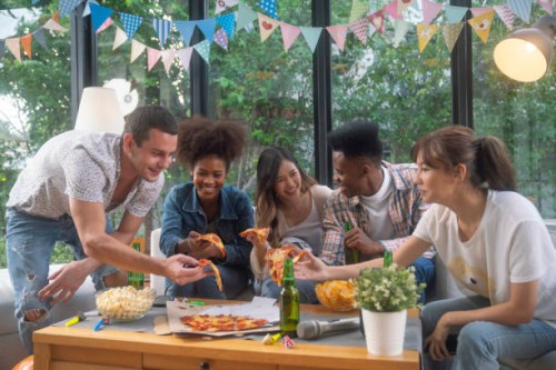 pizza, friendship, eating, happiness, beer - alcohol, - junk food stock pictures, royalty-free photos & images