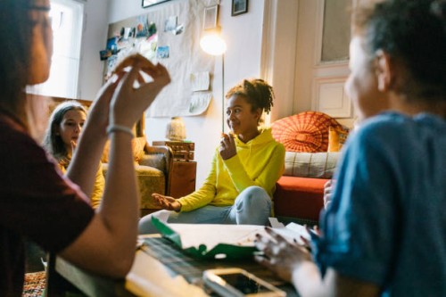 pizza party with teenage friends - junk food stock pictures, royalty-free photos & images