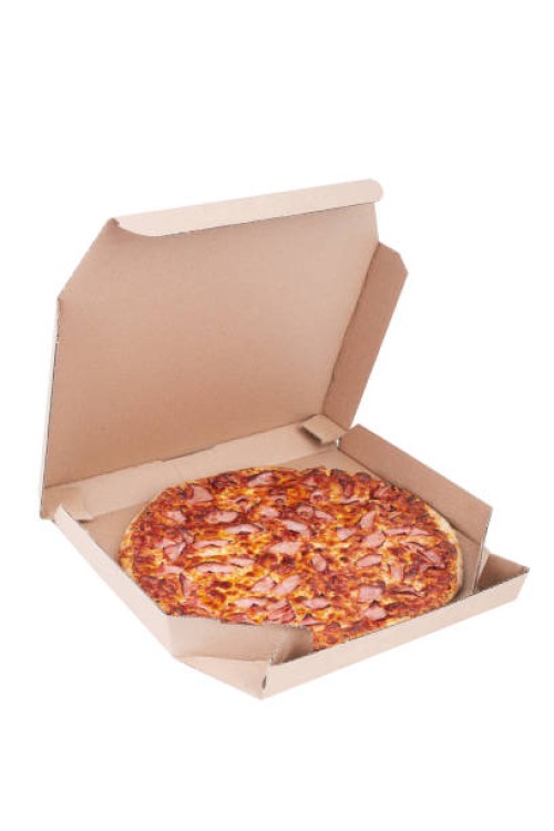 pizza with ham in a box on a white background - junk food stock pictures, royalty-free photos & images