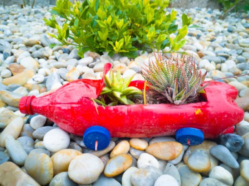 plastic bottle as a flower pot. - garden decoration stock-fotos und bilder