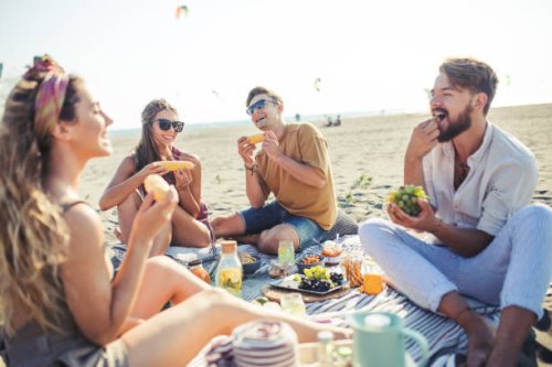 pleasant beach picnic with my friends - food stock pictures, royalty-free photos & images