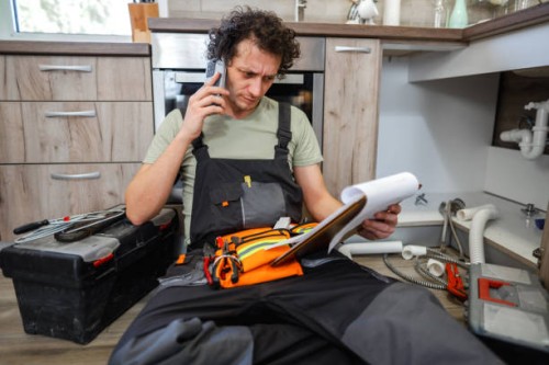 plumber calling colleague for advice - home decoration stock pictures, royalty-free photos & images