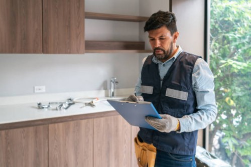 plumber working at a house and writing on a clipboard - home decoration stockfoto's en -beelden