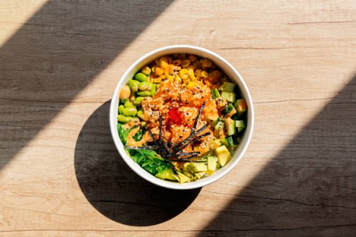 poke bowl with salmon, directly above view - junk food stock pictures, royalty-free photos & images