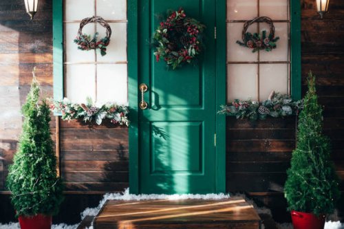 porch with wooden doors and a threshold with christmas decor. - garden decoration stock pictures, royalty-free photos & images