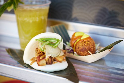 pork belly on a chinese steamed bun and rice ball served on a food cart - junk food stock pictures, royalty-free photos & images