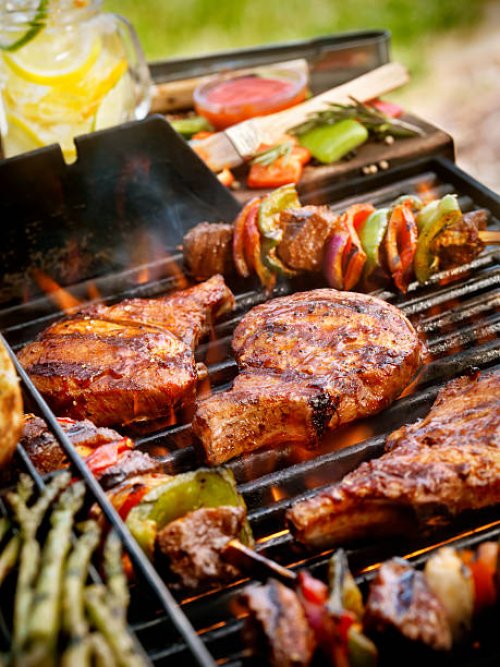 pork chops with kabobs on the bbq - food stock pictures, royalty-free photos & images