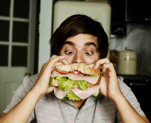 portrait of man eating sandwich - food stock-fotos und bilder