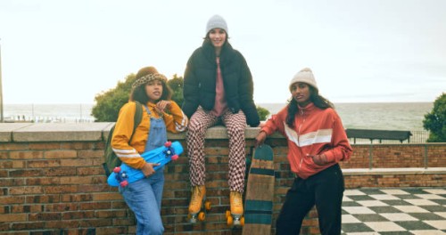 portrait, skate park and young women, friends and streetwear fashion, grunge attitude or gen z lifestyle in usa. cool girls group hanging out with skateboard, roller skates and urban hipster culture - fashion stock pictures, 