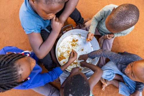 poverty in africa. hungry black african children holding out plates while a charity organisation distributes food - junk food stock pictures, royalty-free photos & images