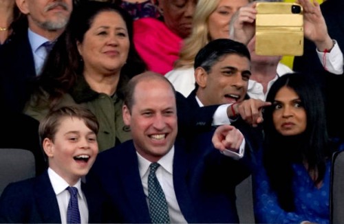 Prince George of Wales and Prince William, Prince of Wales and Prime Minister Rishi Sunak and his wife Akshata Murty, during the Coronation Concert...
