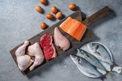 protein source food meat, eggs and fish: chicken, beaf, salmon, seabass, mackerel and sea bream - food stock pictures, royalty-free photos & images