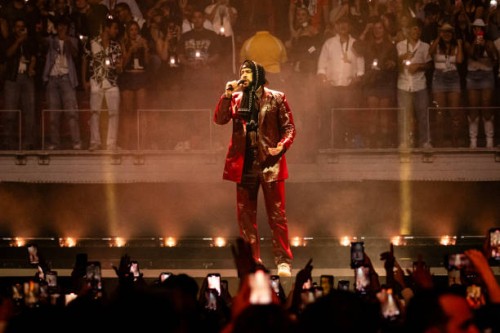 Puerto Rican singer Bad Bunny performs on stage during his "Most Wanted Tour" at the Kaseya Center in Miami on May 24, 2024.