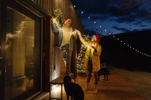 putting up christmas decorations - garden decoration stock pictures, royalty-free photos & images