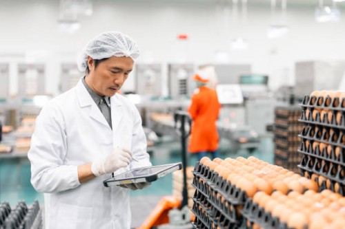 quality control technician with hygienic clean suit and ppe working in eggs production factory. - food stock pictures, royalty-free photos & images