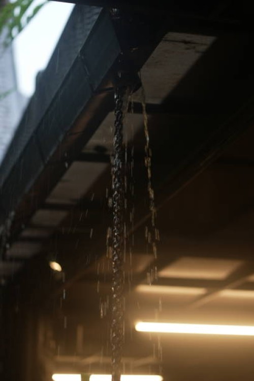 rainwater flows into chains and gutters - garden decoration stock pictures, royalty-free photos & images