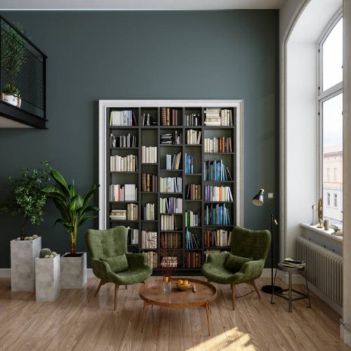 reading room interior with bookshelf, green armchairs, coffee table and potted plants - home decoration stock pictures, royalty-free photos & images