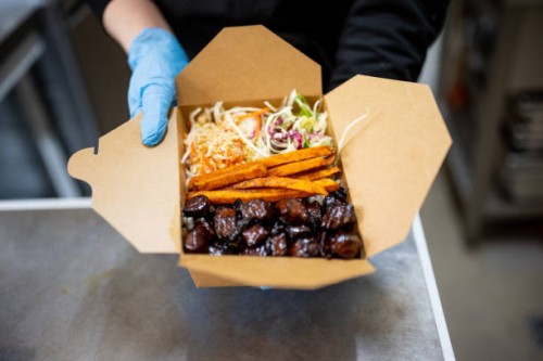 ready vegetarian food parcel in restaurant kitchen - junk food stock pictures, royalty-free photos & images