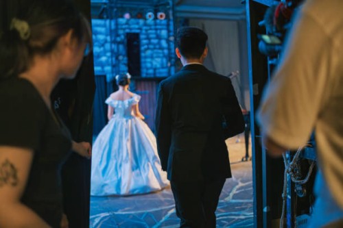 rear view chinese female opera singer at backstage walking out to performing solo on stage - concert stock pictures, royalty-free photos & images