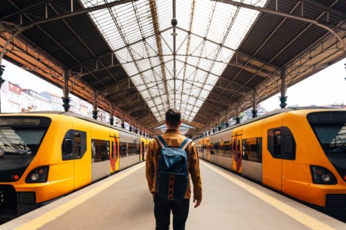rear view of a man with backpack walking between train on train station - travel stock pictures, royalty-free photos & images
