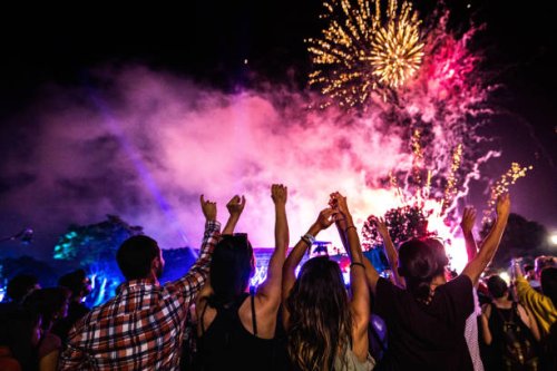 rear view of crowd of people watching fireworks at night. - concert stock pictures, royalty-free photos & images