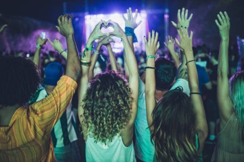 rear view of crowd of people with raised arms on a music festival. - concert stock pictures, royalty-free photos & images