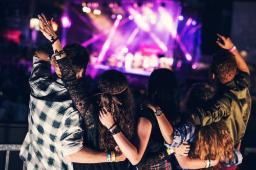 rear view of friends dancing at the music festival - concert stock pictures, royalty-free photos & images