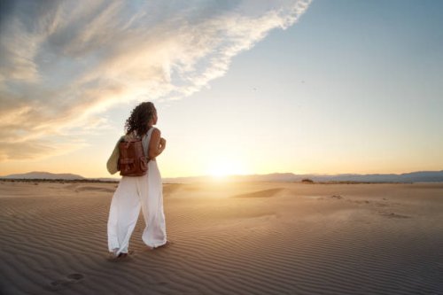 rear view of young black woman walking on sand dune at desert against sky during sunset. - travel stock pictures, royalty-free photos & images