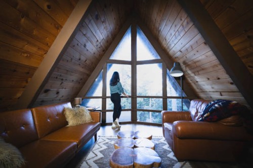 rear view of young woman looking out picture window - home decoration stock-fotos und bilder