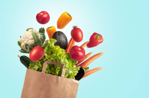 recyclable bag of fresh vegetables on blue summer sky background - food stock pictures, royalty-free photos & images