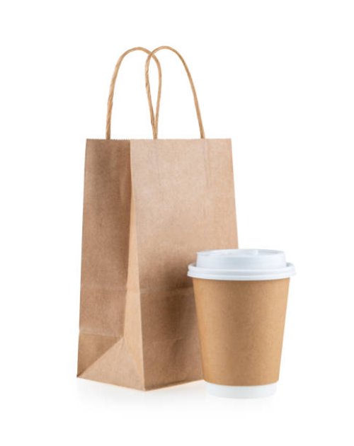 recycled paper kraft shopping bag with coffee cup - junk food stock pictures, royalty-free photos & images