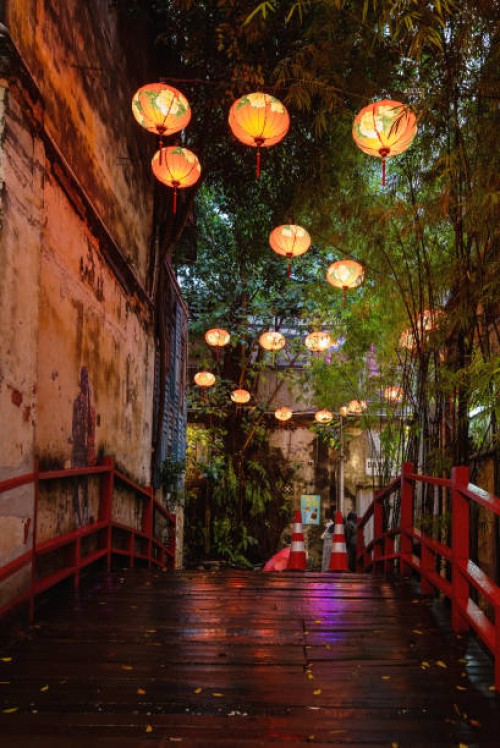 red bridge entrance to kwai chai hong laneway, lorong panggung, chinatown, kuala lumpur maylasia. - garden decoration stock pictures, royalty-free photos & images