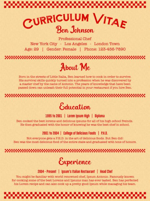 red chef or cook job resume or curriculum vitae template in clean retro diner menu style - junk food stock illustrations