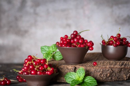red currants in small bowls - garden decoration stock pictures, royalty-free photos & images