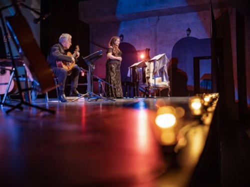 reifer performer und gitarrist auf der bühne - concert stock-fotos und bilder