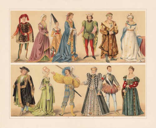 renaissance costumes (15th and 16th century), chromolithograph, published in 1897 - fashion stock illustrations