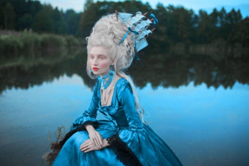 renaissance princess with blonde hair on lake background. beauty makeup. fairytale rococo queen with ship in hairstyle on nature. model in blue dress. woman with historical hair style on bridge - fashion stock pictures, royal