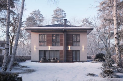 rendu 3d d’un bungalow entouré d’arbres un jour d’hiver - garden decoration photos et images de collection