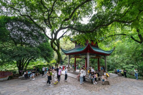 residents and tourists take photos at the aiwan pavilion in changsha - garden decoration stock pictures, royalty-free photos & images