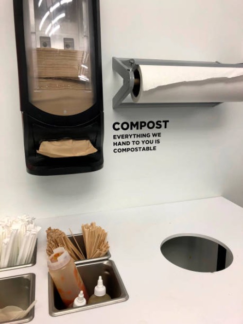Restaurant that uses 100% compostable packaging, utensils and plates, Boston, Massachusetts.
