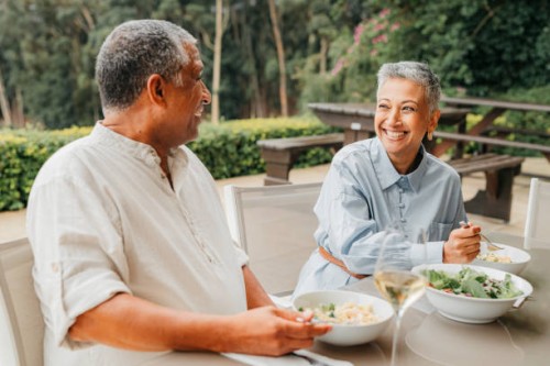retirement, health and fine dining with elderly couple on vacation, holiday or getaway together. food, love and happy old age man and woman eating lunch in restaurant and enjoying bonding time - food stock pictures, royalty-f