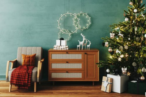 retro style living room design with christmas decoration - home decoration stock pictures, royalty-free photos & images